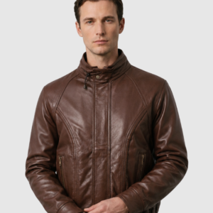 Men's Brown Bomber Leather Jacket – Casual Streetwear Style