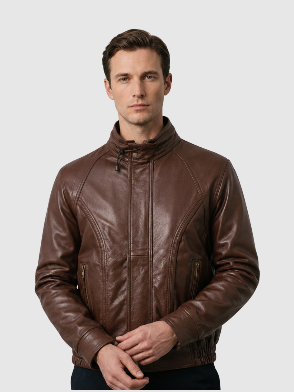Men's Brown Bomber Leather Jacket – Casual Streetwear Style