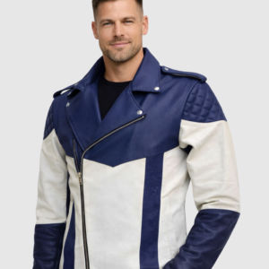 Men's Blue & White Biker Leather Jacket – Motorcycle Celebrity Style