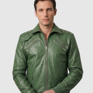 Men's Green Bomber Leather Jacket – Casual Streetwear Style