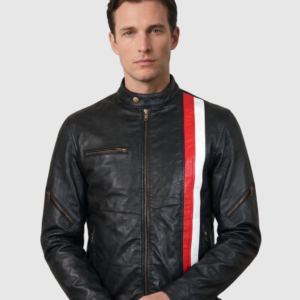 Men's Black Biker Leather Jacket  with Strips – Motorcycle Casual Style