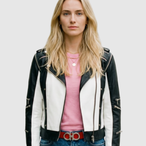 Women's Black & White Leather Jacket – Classic Casual Style