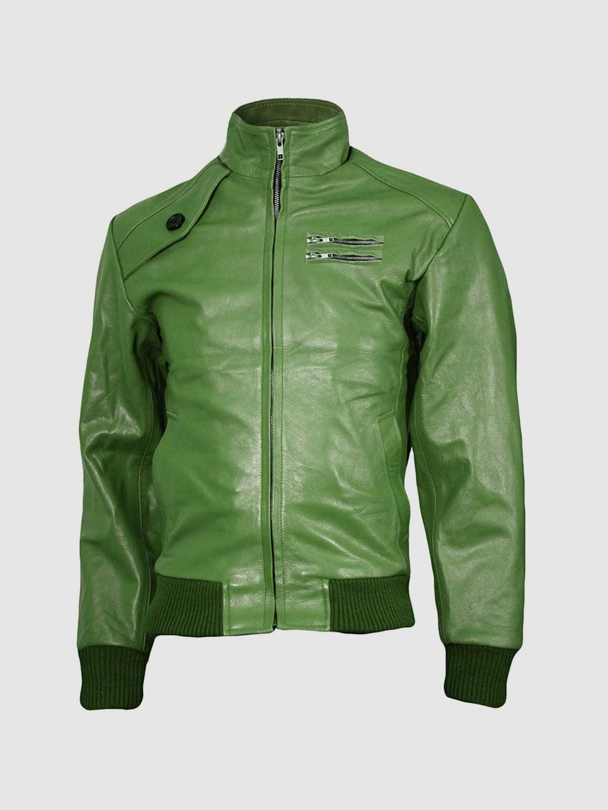 Men's Green Bomber Leather Jacket – Casual Streetwear Style
