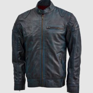 Men's Blue Waxed Leather Jacket – Classic Casual Style