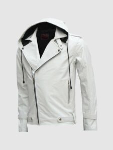 Men's White Leather Jacket with Hoodie – Classic Casual Style