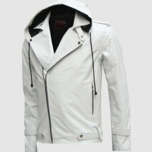 Men's White Leather Jacket with Hoodie – Classic Casual Style