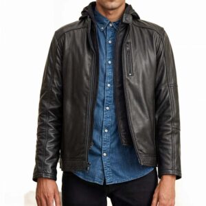 Arvion Hooded Black Lined Leather Jacket Mens