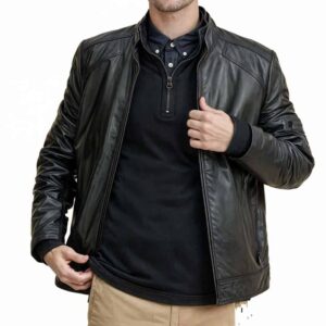 Arvion Black Genuine Stand Collar Leather Jacket Mens