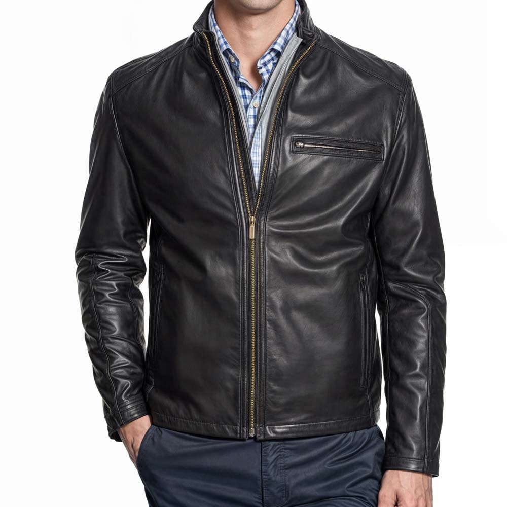 Arvion Stand Collar Black Leather Jacket Mens