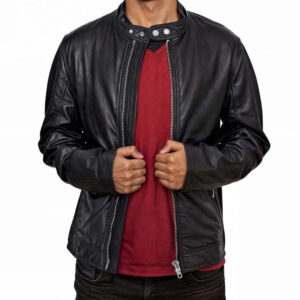 Arvion Men’s Black Leather Café Racer Jacket with Premium Metal Hardware