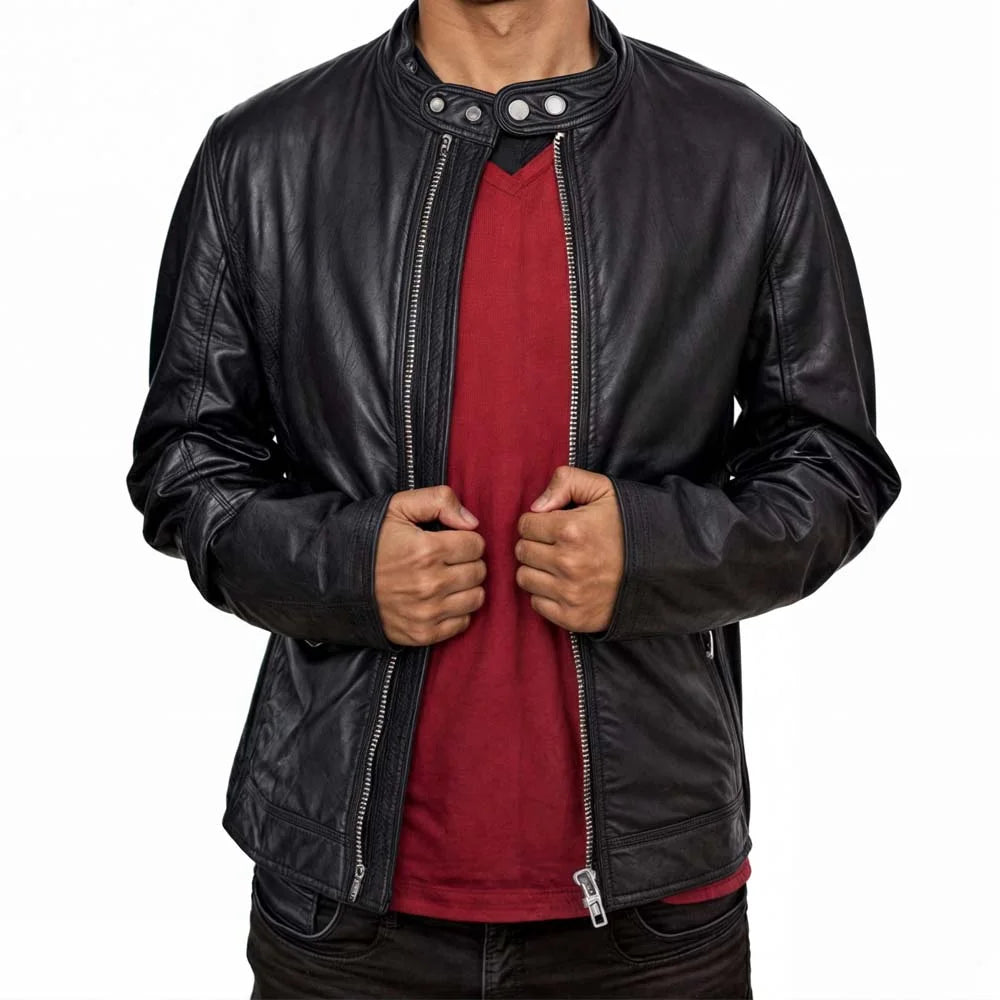 Arvion Men’s Black Leather Café Racer Jacket with Premium Metal Hardware