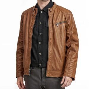Arvion Quilted Tan Brrown Leather Jacket Mens