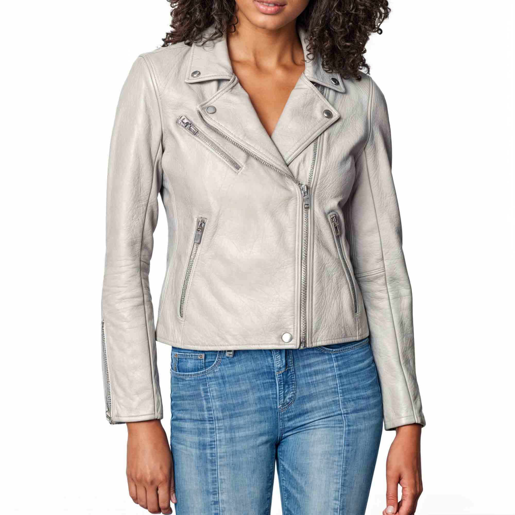 Women White Asymmetrical Motorcycle Leather Jacket - Arvion Leathers
