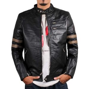 Arvion Black Biker Leather Jacket with Stripes on Sleeves