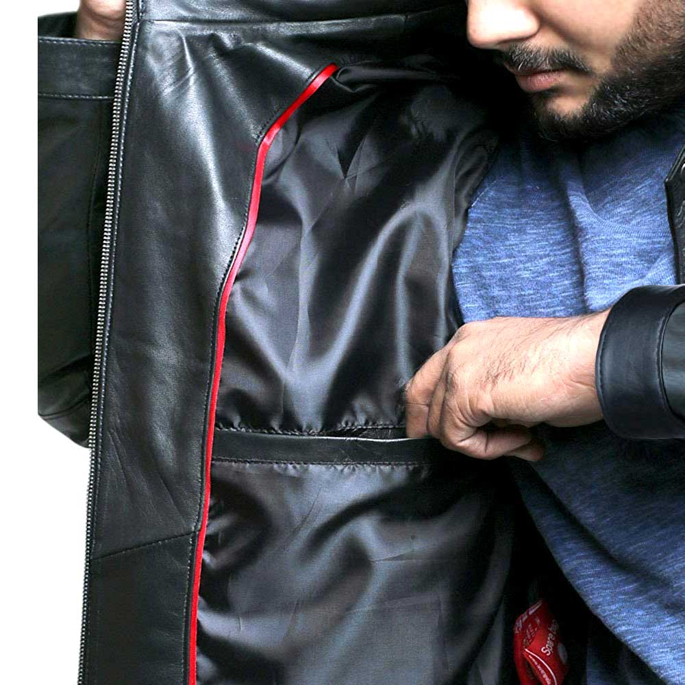 Arvion Black Biker Leather Jacket with Stripes on Sleeves - Image 3
