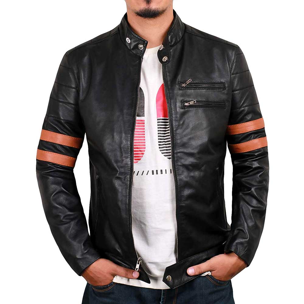 Arvion Black Biker Leather Jacket with Stripes on Sleeves