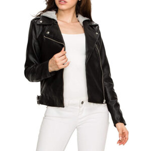 Black Rivet Leather Jacket With Hood- Leather Biker Jacket Women - Arvion Leathers