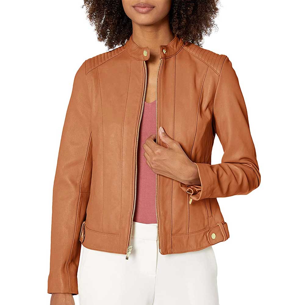 Cognac Leather Jacket with Quilted Shoulders Women’s - Arvion Leathers