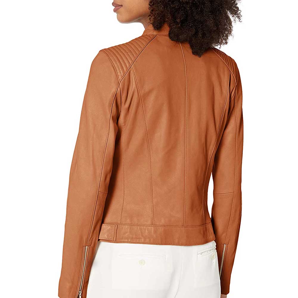 Cognac Leather Jacket with Quilted Shoulders Women’s - Arvion Leathers