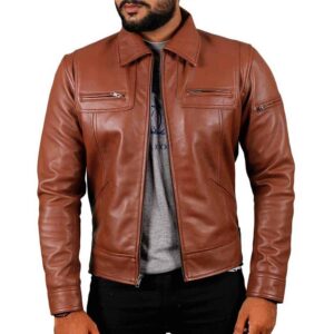 Arvion Cognac Slim Fit Shirt Collar Leather Jacket Men’s