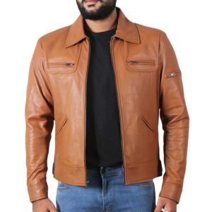 Arvion Tan Slim Fit Shirt Collar Leather Jacket Men’s