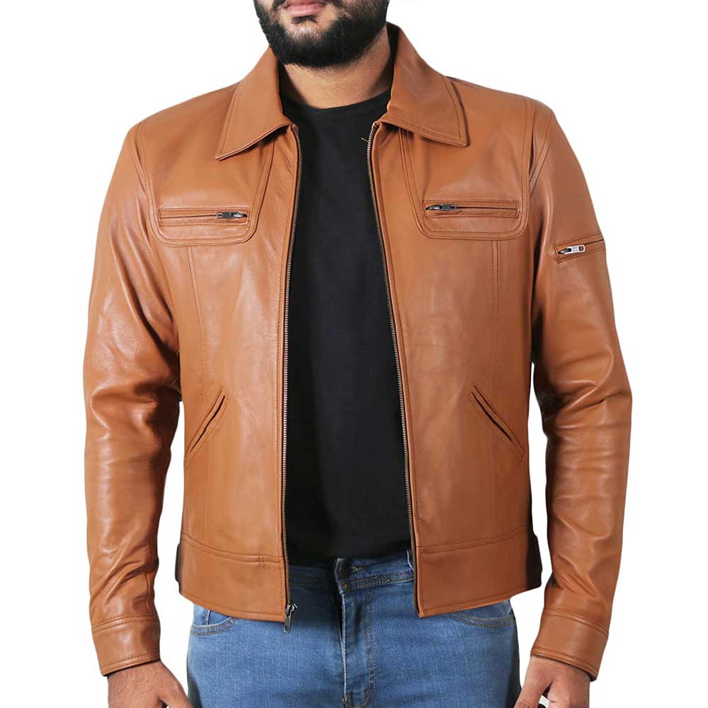 Arvion Tan Slim Fit Shirt Collar Leather Jacket Men’s
