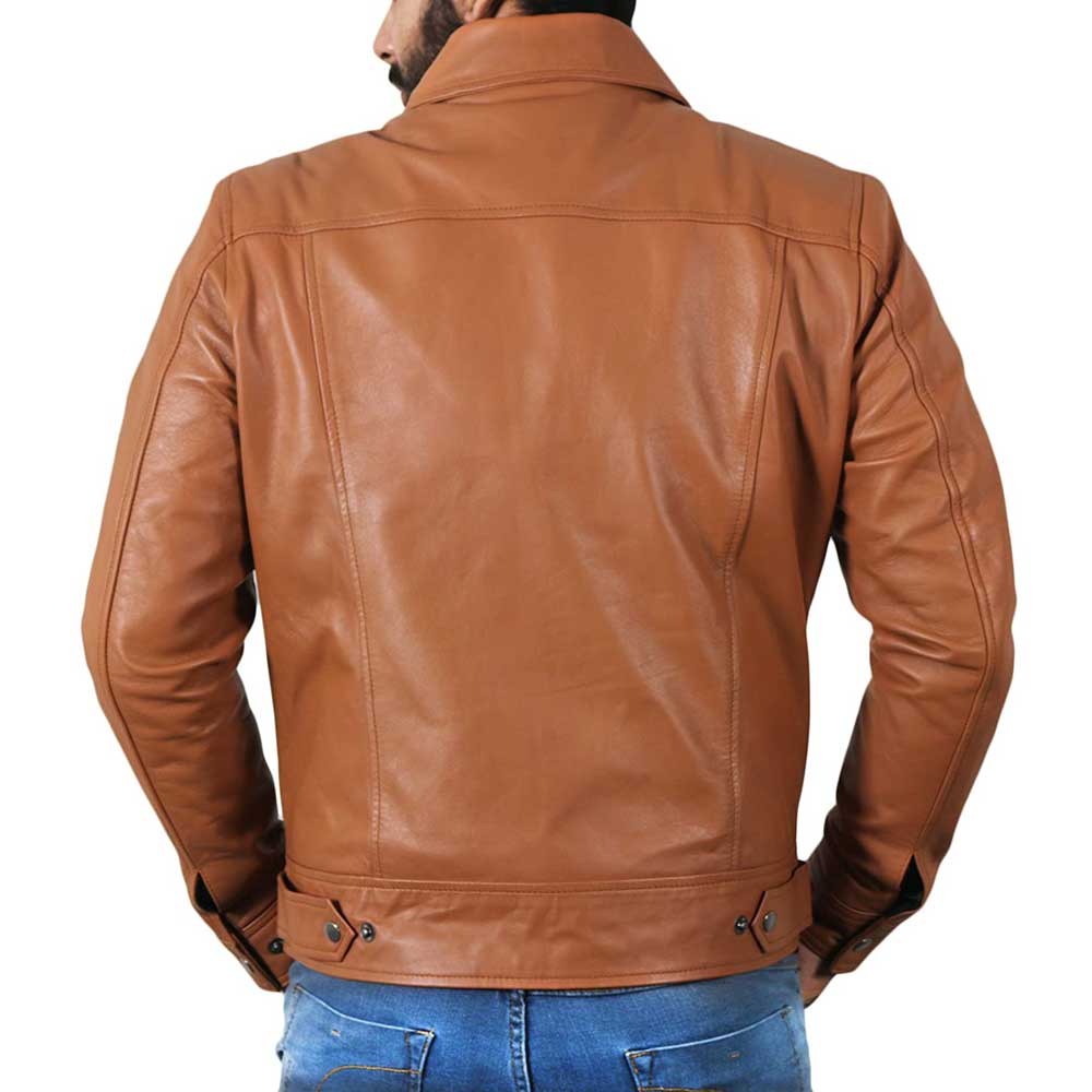 Arvion Tan Slim Fit Shirt Collar Leather Jacket Men’s - Image 2