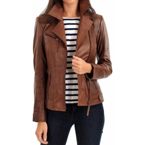 Women’s Tan Lambskin Leather Biker Jacket - Arvion Leathers